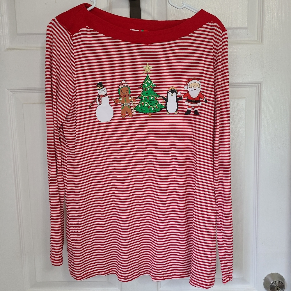 (1093) Merry Wear Woman's Long Sleeve Stripe Festive Christmas Shirt, Size: L